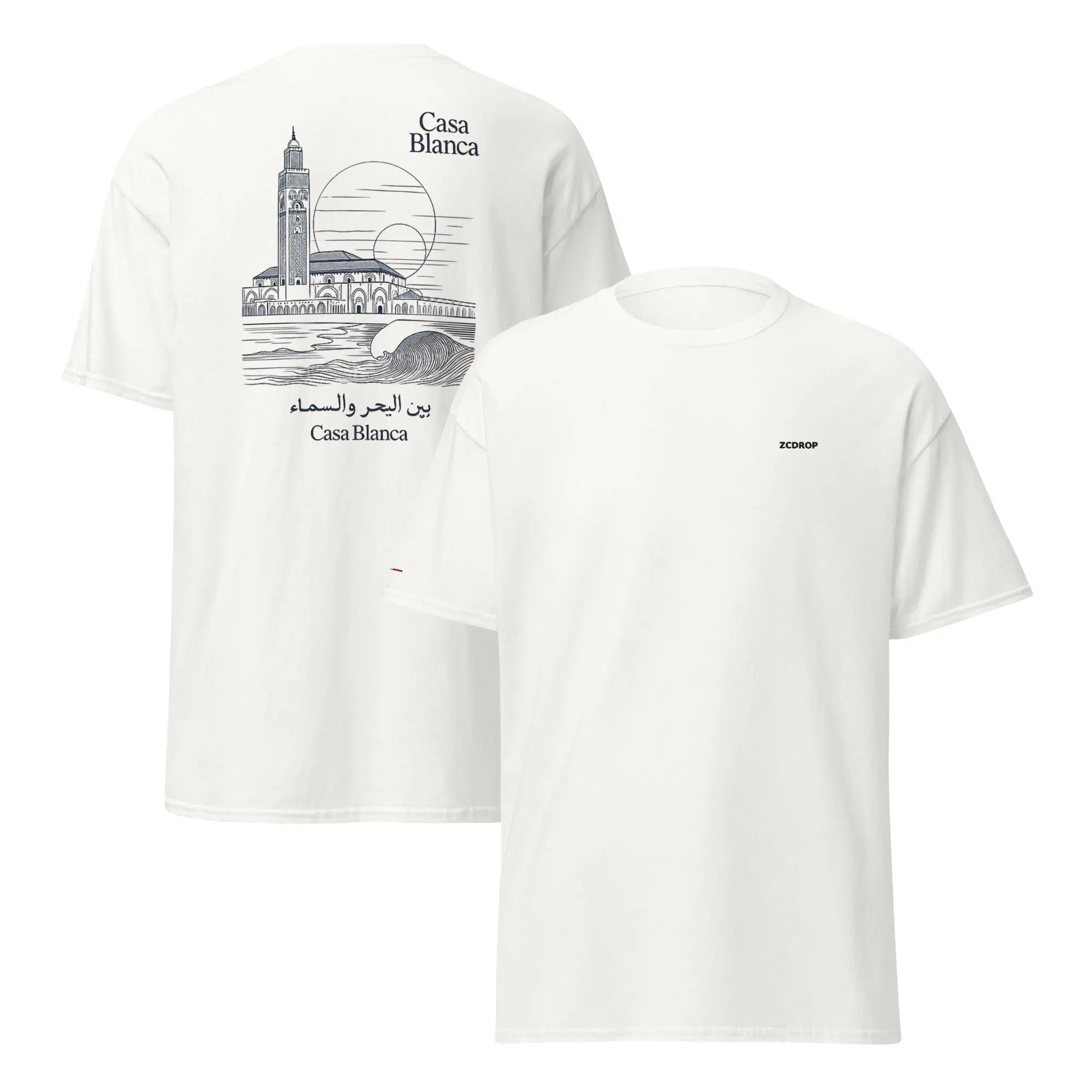 T-shirt Premium Casa Blanca • Design Édition Limitée • Art Line Mosquée Hassan II & Mer • Coton Bio Haut de Gamme zcdrop